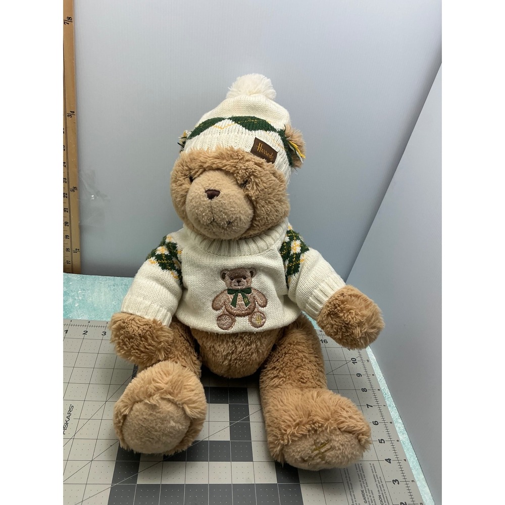 Harrods Teddy Bear Plush Tan Cream Argyle Sweater Hat London Souvenir 15 inch
